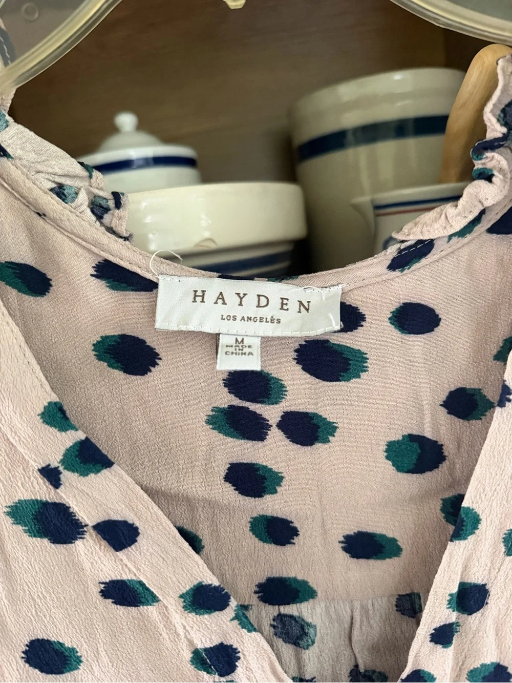 Hayden Los Angeles Abstract Dot Ruffle V-Neck Tunic Dress Medium Cream